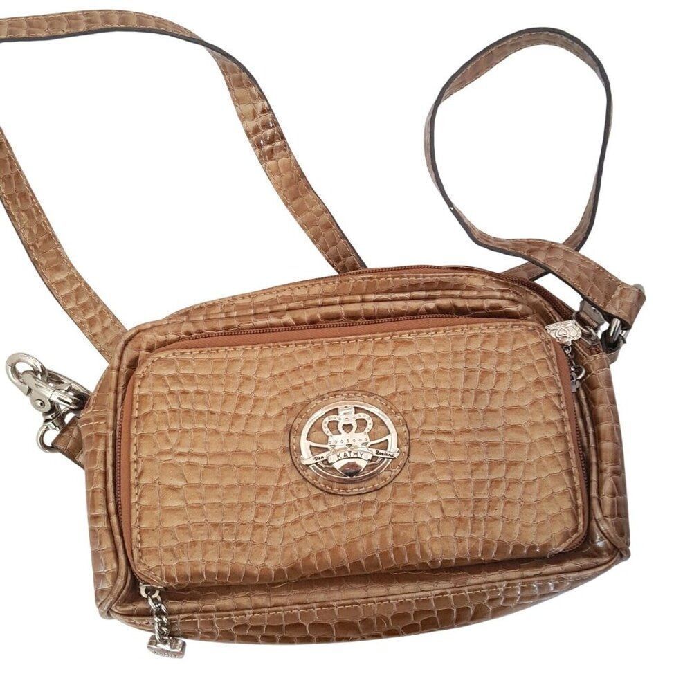Kathy Van Zeeland Womens Pocketbook Brown Croc Embossed Organizer Bag